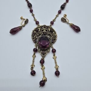 VTG Art Deco Czech Glass Amethyst Lavalier Necklace & Screwback Earrings Set